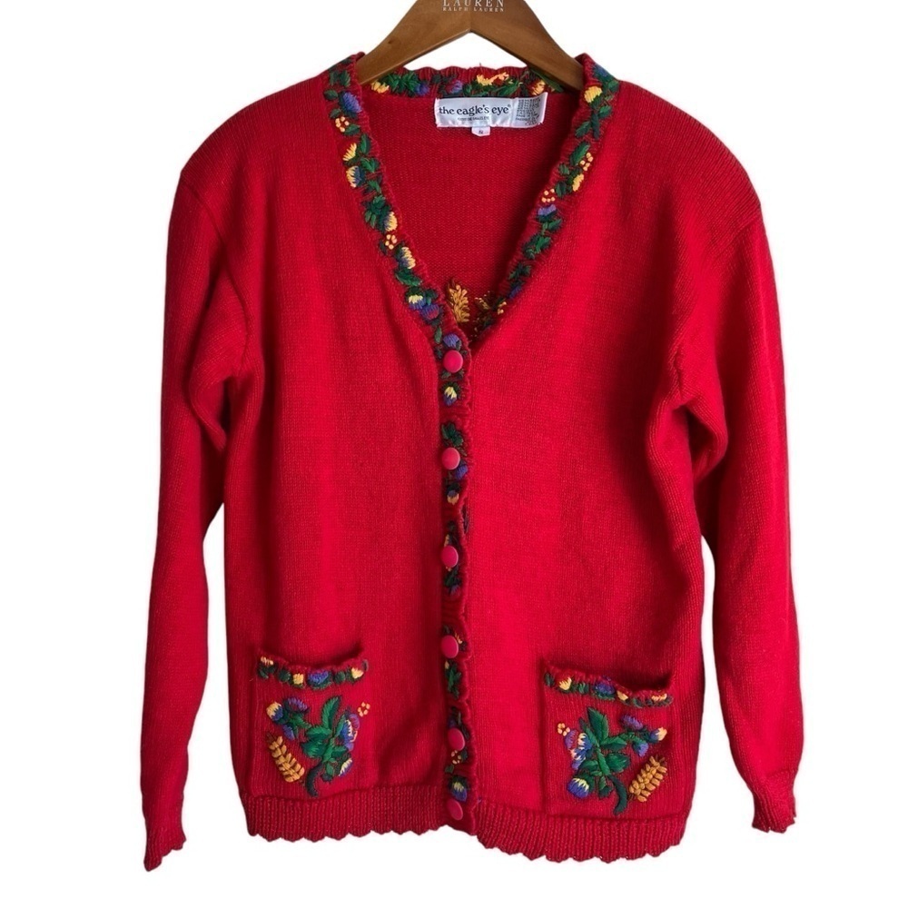 Vintage 90s Heavily Embroidered Floral Cardigan Folk Art Cottagcore Prairie S